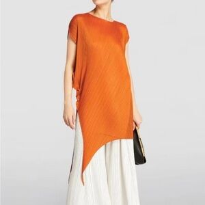 Orange Asymmetric Issey Miyake   style Pleated Tunic Top - Women